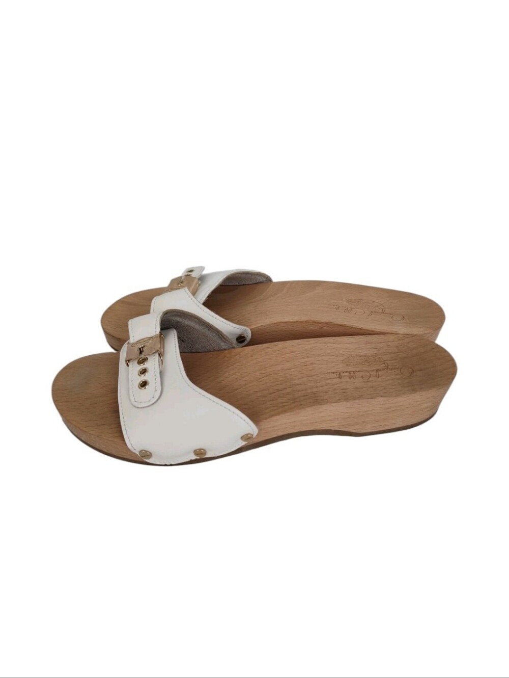 Dr. Scholl's Original Sandals Women's Size 8 Wooden Slides White Leather Upper - Picture 5 of 6